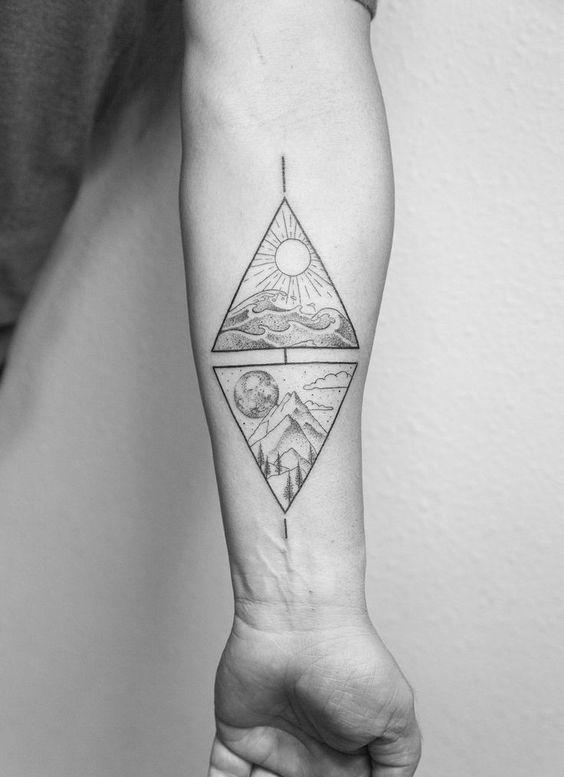H&igrave;nh xăm tr&ecirc;n cẳng tay, gồm hai h&igrave;nh tam gi&aacute;c mi&ecirc;u tả cảnh mặt trời v&agrave; mặt trăng tr&ecirc;n n&uacute;i.