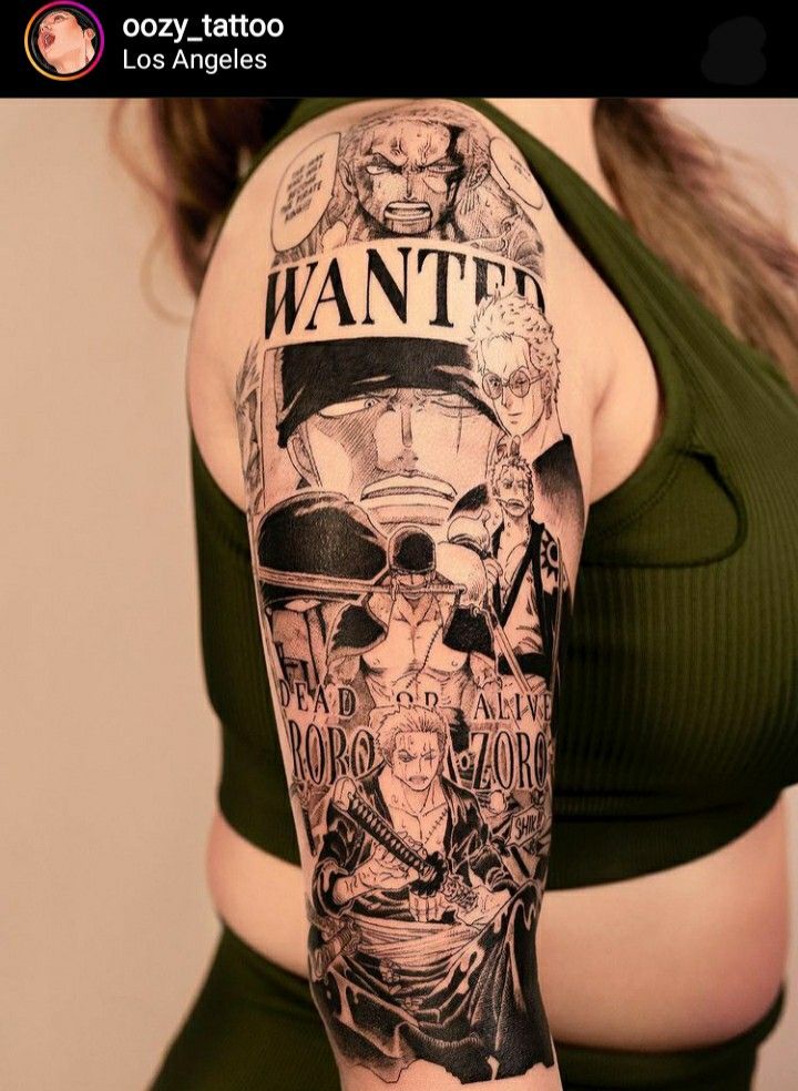 dàn nhân vật phim hoạt hình one piece Hình xăm trên cánh tay với các nhân vật truyện tranh và từ "WANTED" nổi bật.