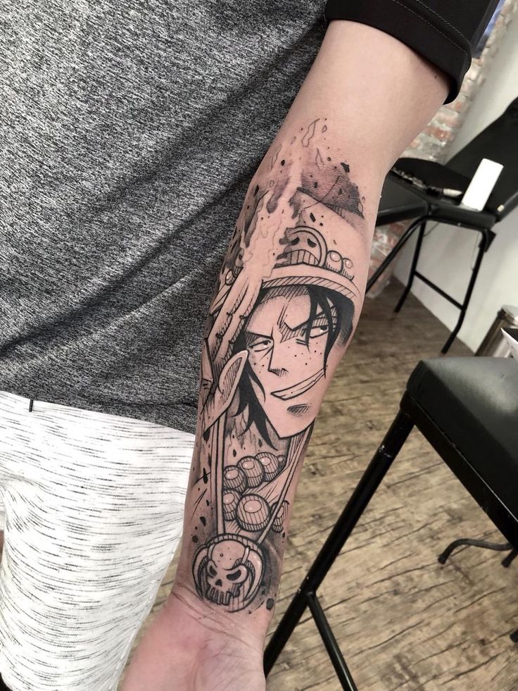 hình one piece dành cho các bạn nam Hình xăm trên cánh tay với thiết kế nhân vật hoạt hình chi tiết và phức tạp.