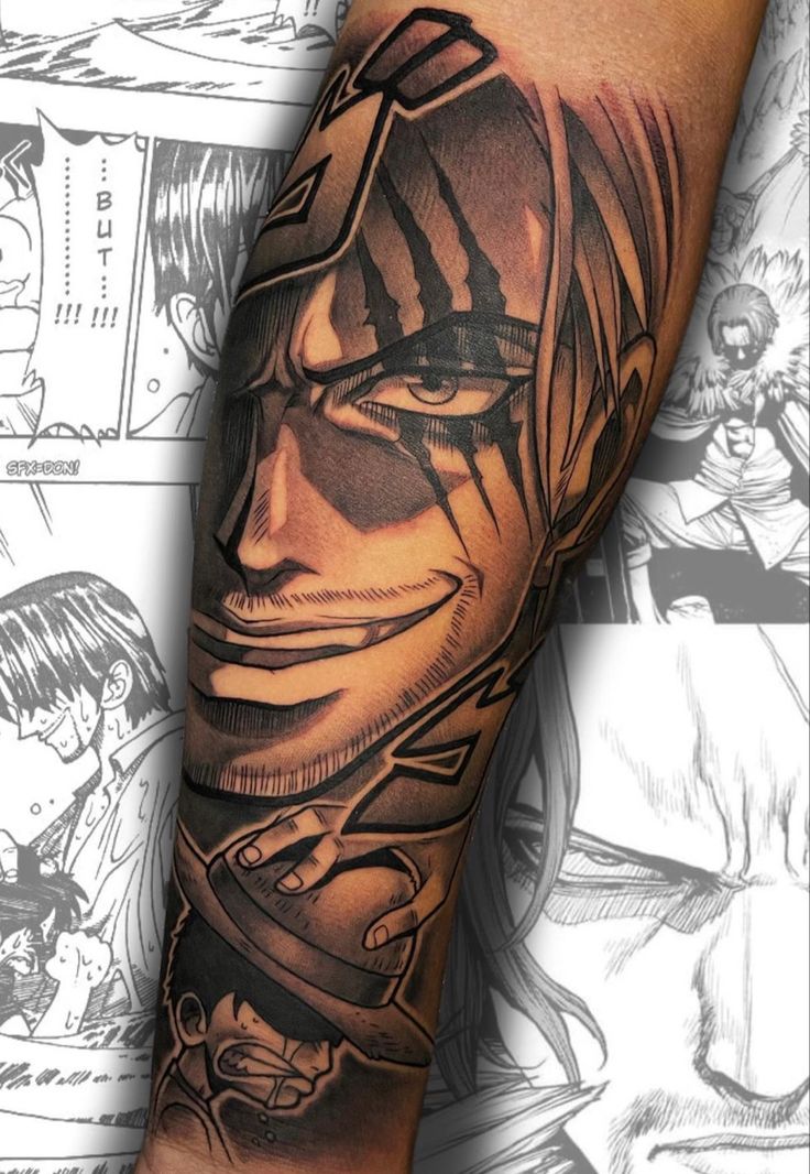 nhân vật zoro one piece Hình xăm trên cánh tay với hình ảnh nhân vật truyện tranh, nền là các trang truyện trắng đen.