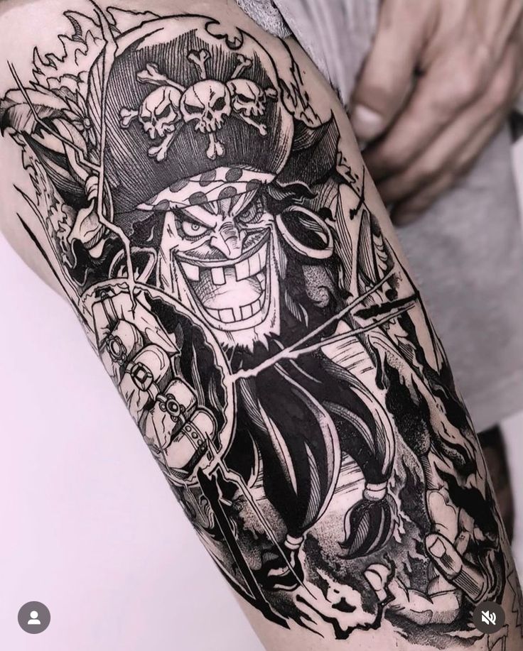 hình xăm kẻ hải tặc one piece Hình xăm trên tay với hình ảnh nhân vật hoạt hình đội mũ hải tặc, biểu cảm khuôn mặt mạnh mẽ và chi tiết sắc nét.