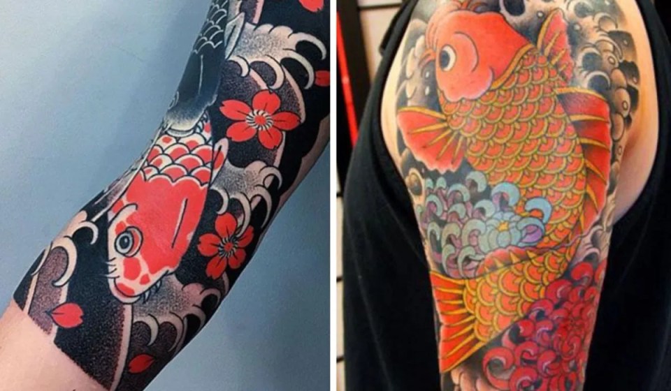Hai h&igrave;nh xăm c&aacute; ch&eacute;p m&agrave;u đỏ với hoa văn s&oacute;ng nước, một ở c&aacute;nh tay v&agrave; một ở vai.