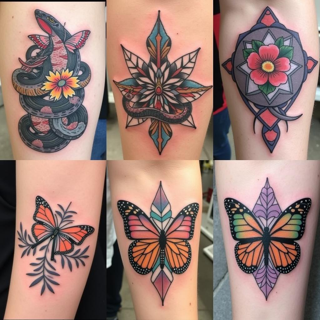 Các biến thể sáng tạo của hình xăm rắn và bướm, kết hợp hoa lá và hình học