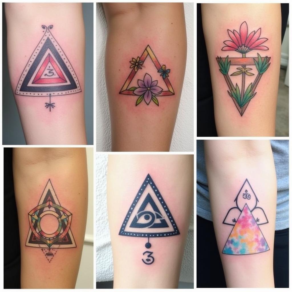 Collage các biến thể sáng tạo hình xăm tam giác kép, lồng ghép, tự nhiên, biểu tượng, màu sắc.