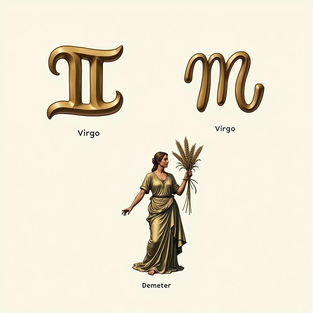 Các biểu tượng cung Xử Nữ và ý nghĩa đặc trưng như trinh nữ, chữ M cách điệu và nữ thần Demeter