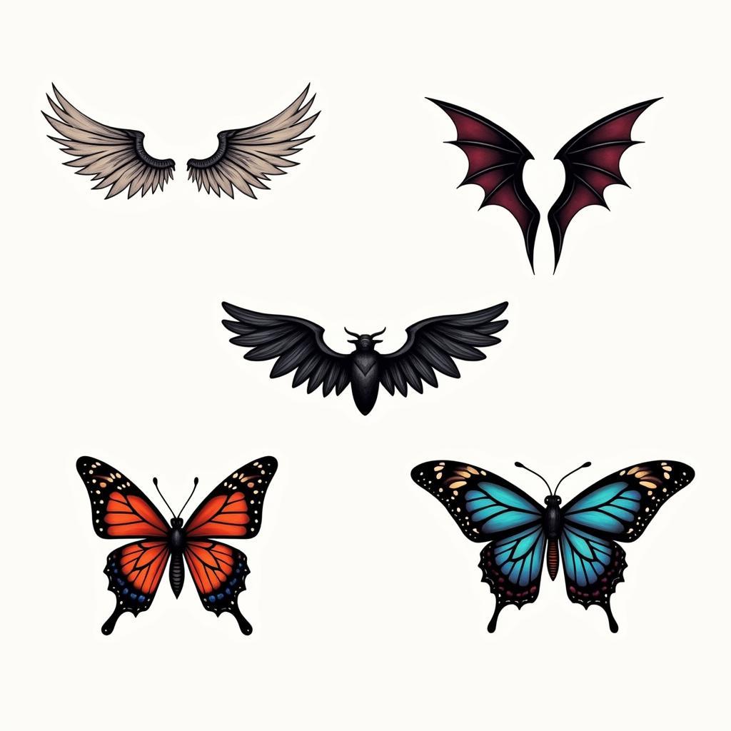Các mẫu hình xăm đôi cánh mini phổ biến: thiên thần, ác quỷ, chim, bướm, cách điệu