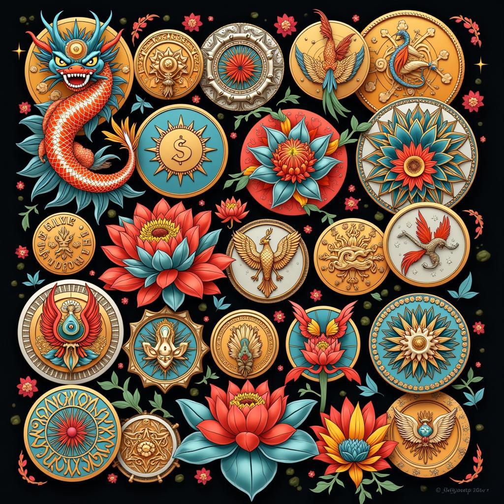 Tuyển tập mẫu hình xăm đồng tiền xu phức tạp kết hợp rồng, phượng hoàng, hoa sen và cá chép, đa dạng màu sắc