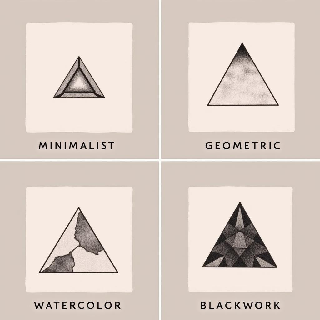 Tổng hợp các phong cách thiết kế hình xăm tam giác phổ biến: từ tối giản, hình học đến màu nước và blackwork.
