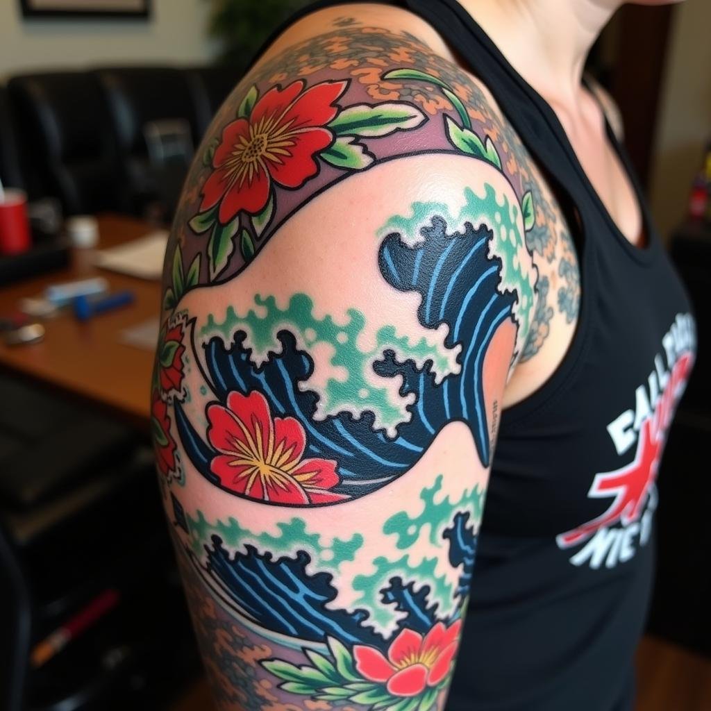 Hình xăm bắp tay nam Nhật cổ vẻ đẹp và ý nghĩa sâu sắc 2 chi tiet hinh xam nhat co mau sac tinh xao 67b8cf 1