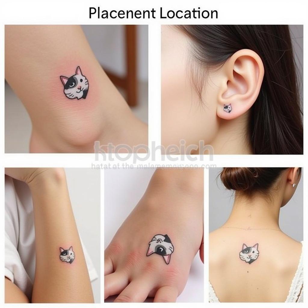 Collage các vị trí xăm hình mèo mini phổ biến và được yêu thích