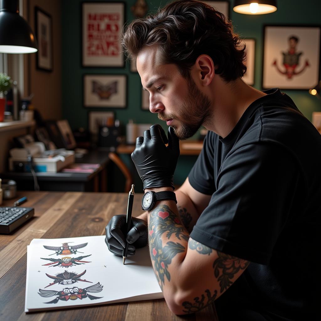 Người đàn ông cân nhắc lựa chọn hình xăm bắp chân nam phù hợp với phong cách và cá tính bản thân