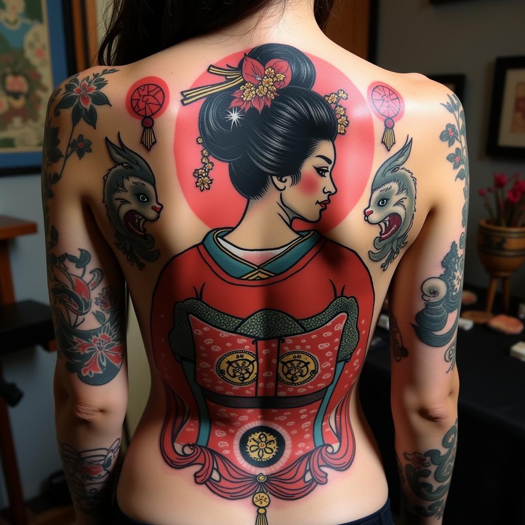 Hình xăm geisha full lưng trừ tà kết hợp biểu tượng bảo vệ và may mắn.