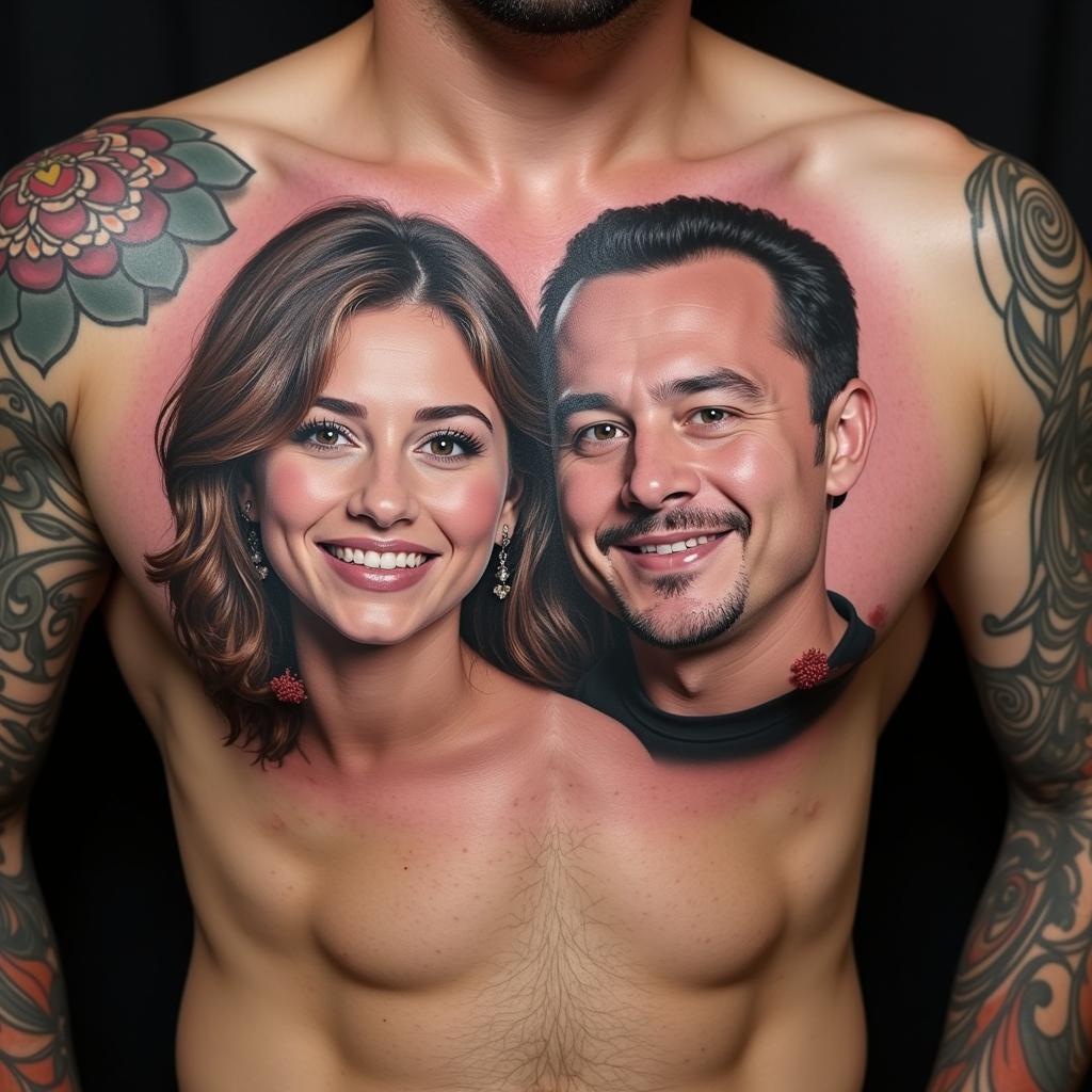 Hình xăm 3D chân dung người thân, tái hiện khuôn mặt và biểu cảm trên ngực