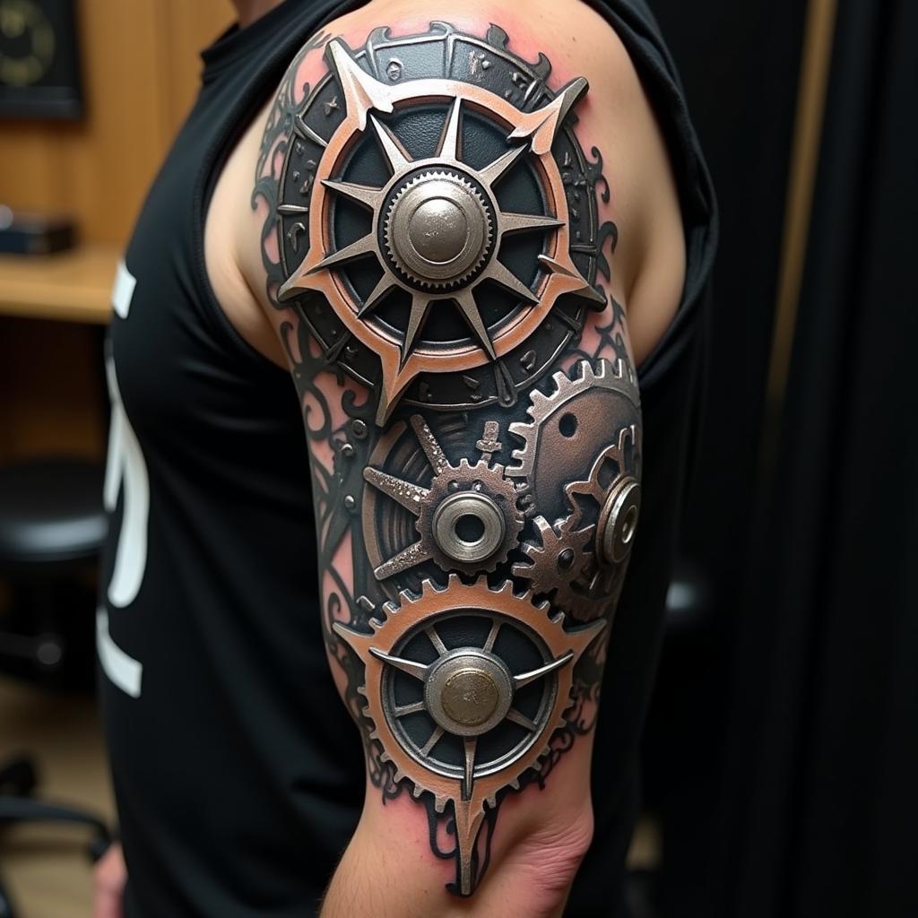 Hình xăm 3D cơ khí mạnh mẽ, chi tiết máy móc phức tạp trên cánh tay nam giới