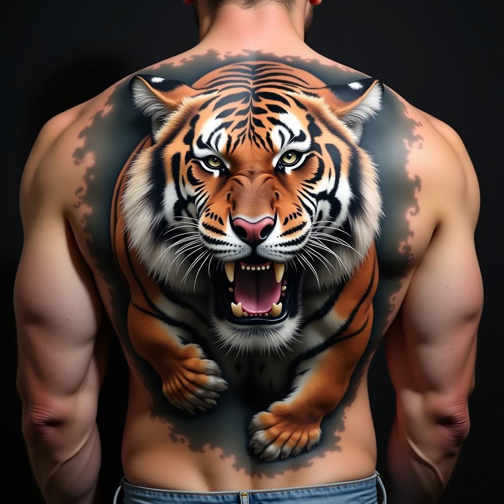 Hình xăm 3D động vật hổ uy nghi, thể hiện sức mạnh và vẻ đẹp hoang dã trên lưng