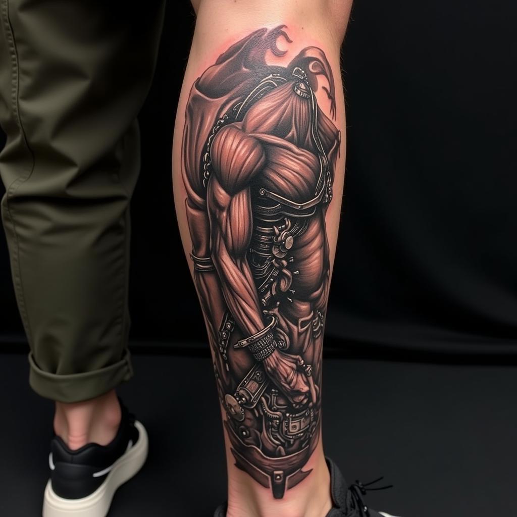 Hình xăm 3D sinh học ấn tượng, kết hợp yếu tố cơ khí và sinh học trên chân