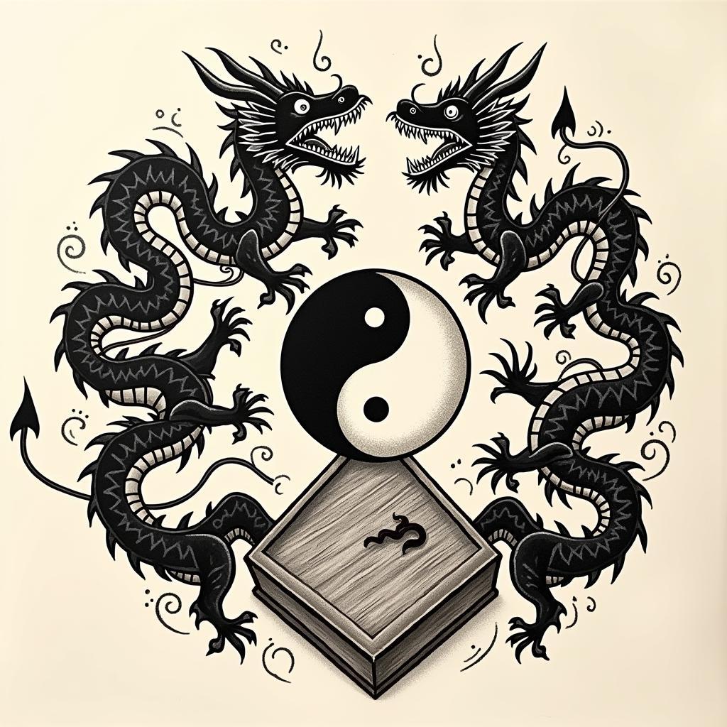 Hình xăm 9 rồng kéo quan tài thể hiện sự cân bằng âm dương