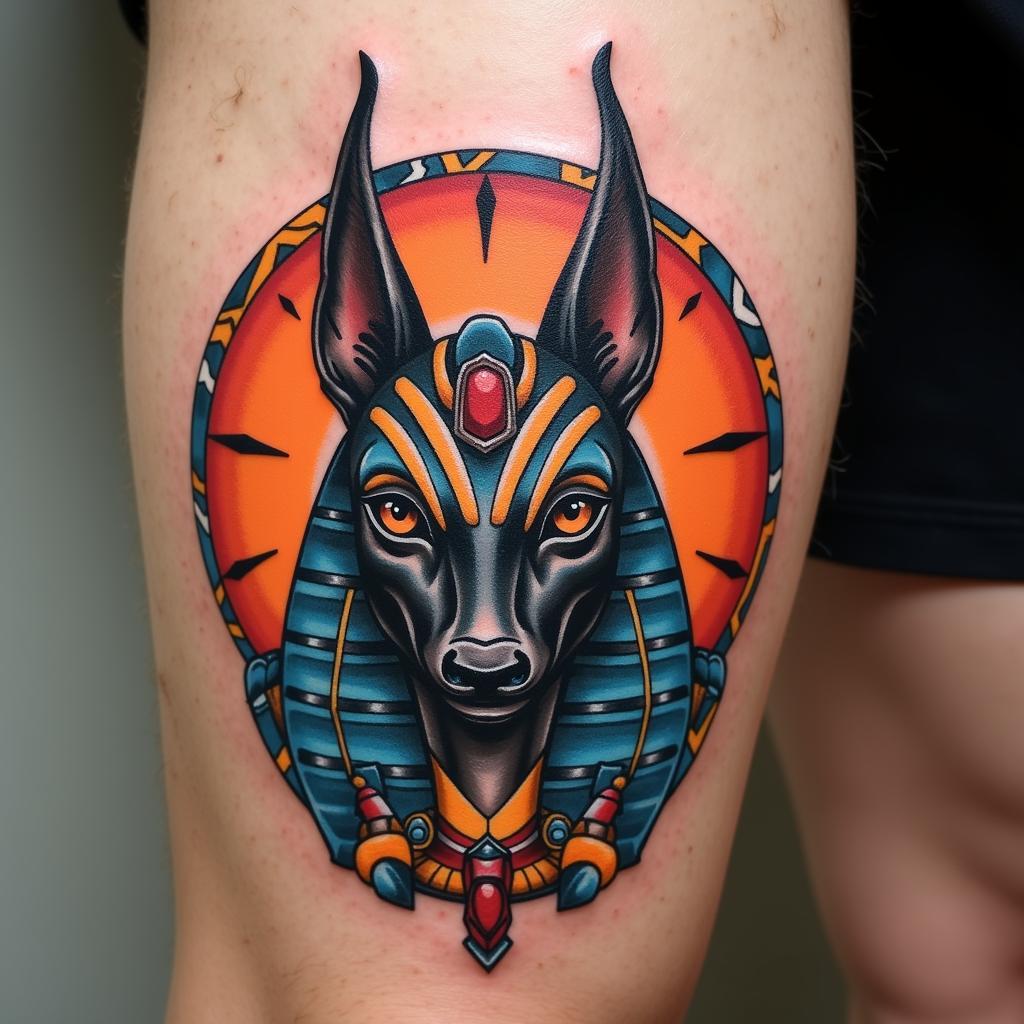 Hình xăm Anubis được cách điệu với đường nét hiện đại và màu sắc tươi sáng ấn tượng
