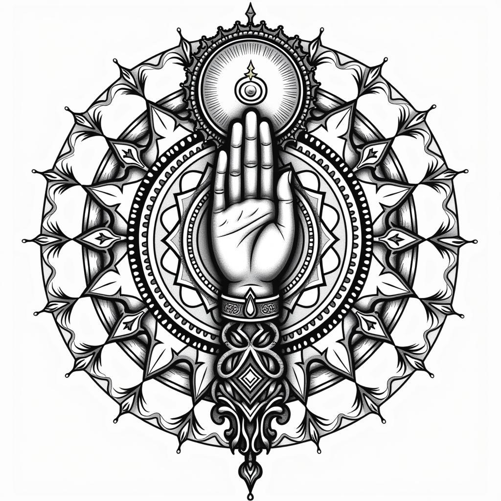 Hình xăm bàn tay Phật kết hợp mandala tượng trưng cho sự cân bằng vũ trụ