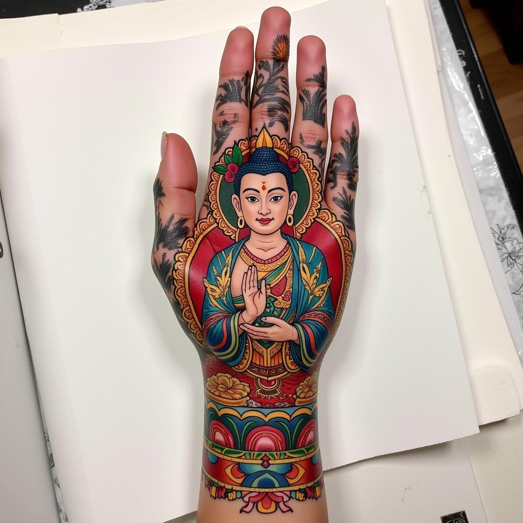 Hình xăm bàn tay Phật phong cách truyền thống với màu sắc rực rỡ và chi tiết văn hóa