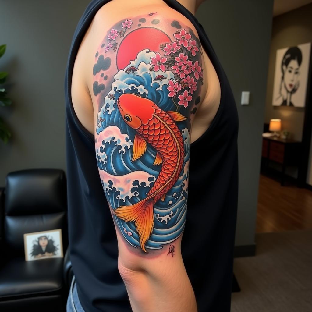 Hình xăm bắp tay nam phong cách Japanese với hình cá koi và sóng biển uy nghi, màu sắc rực rỡ
