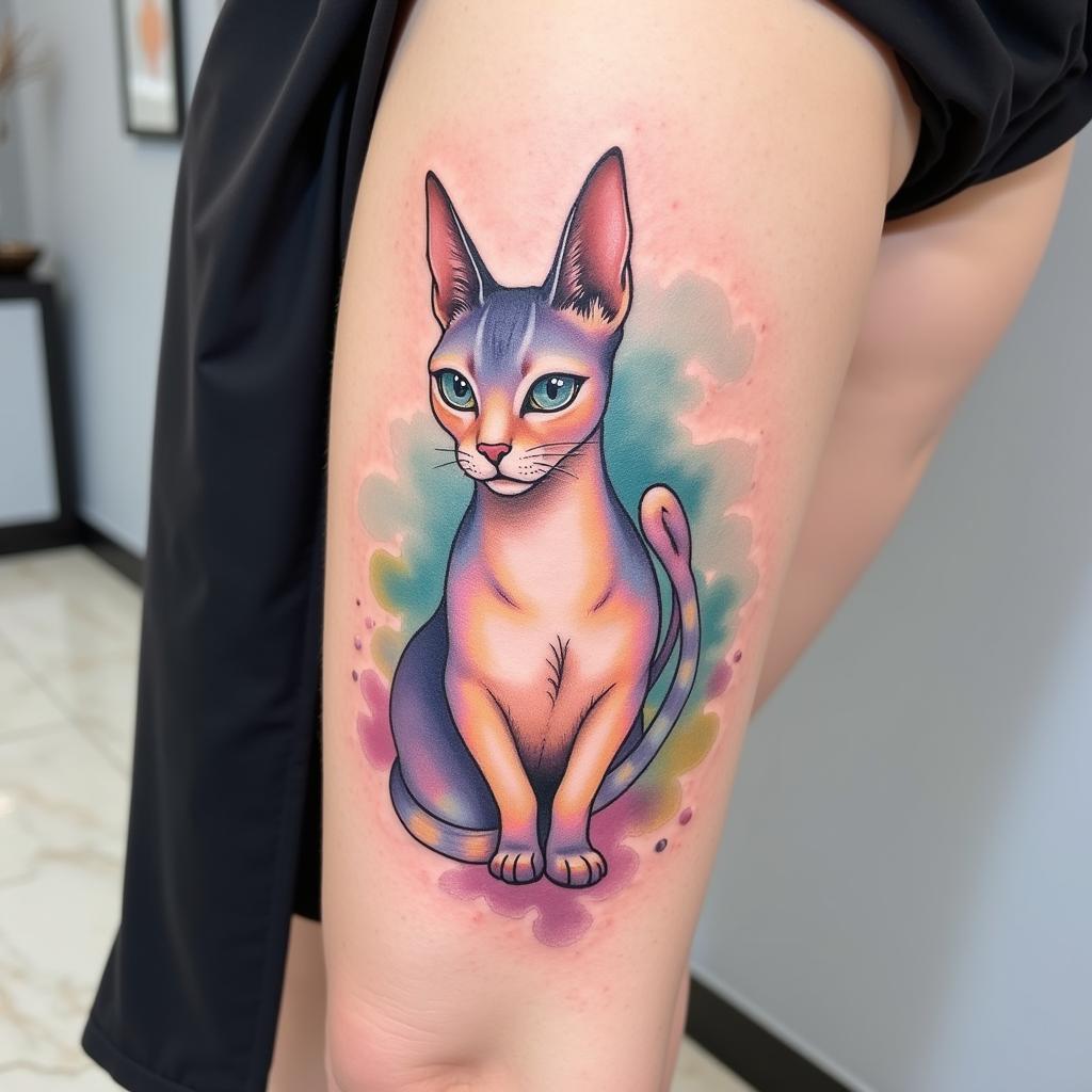 Hình xăm nữ thần Bastet phong cách màu nước với màu sắc tươi sáng và mềm mại