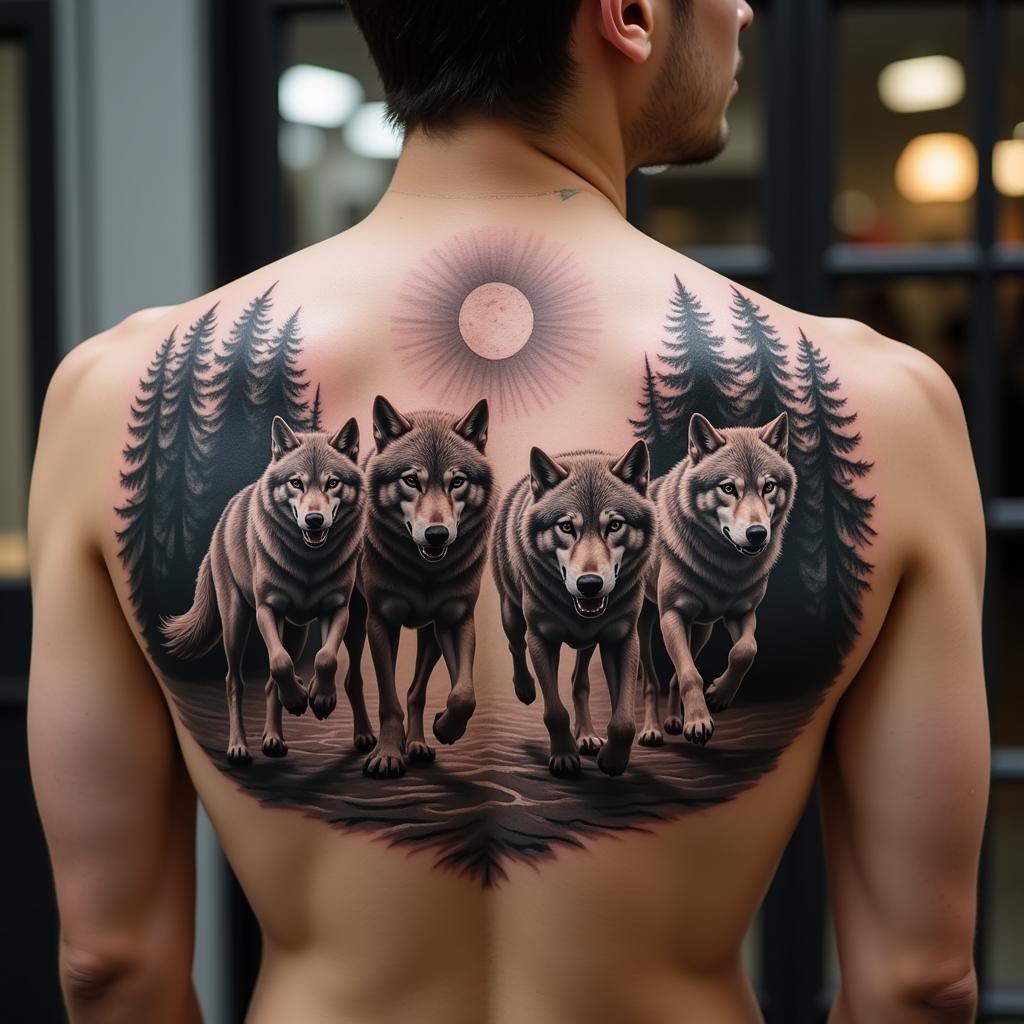 Hình xăm bầy sói thể hiện sự đoàn kết trên lưng