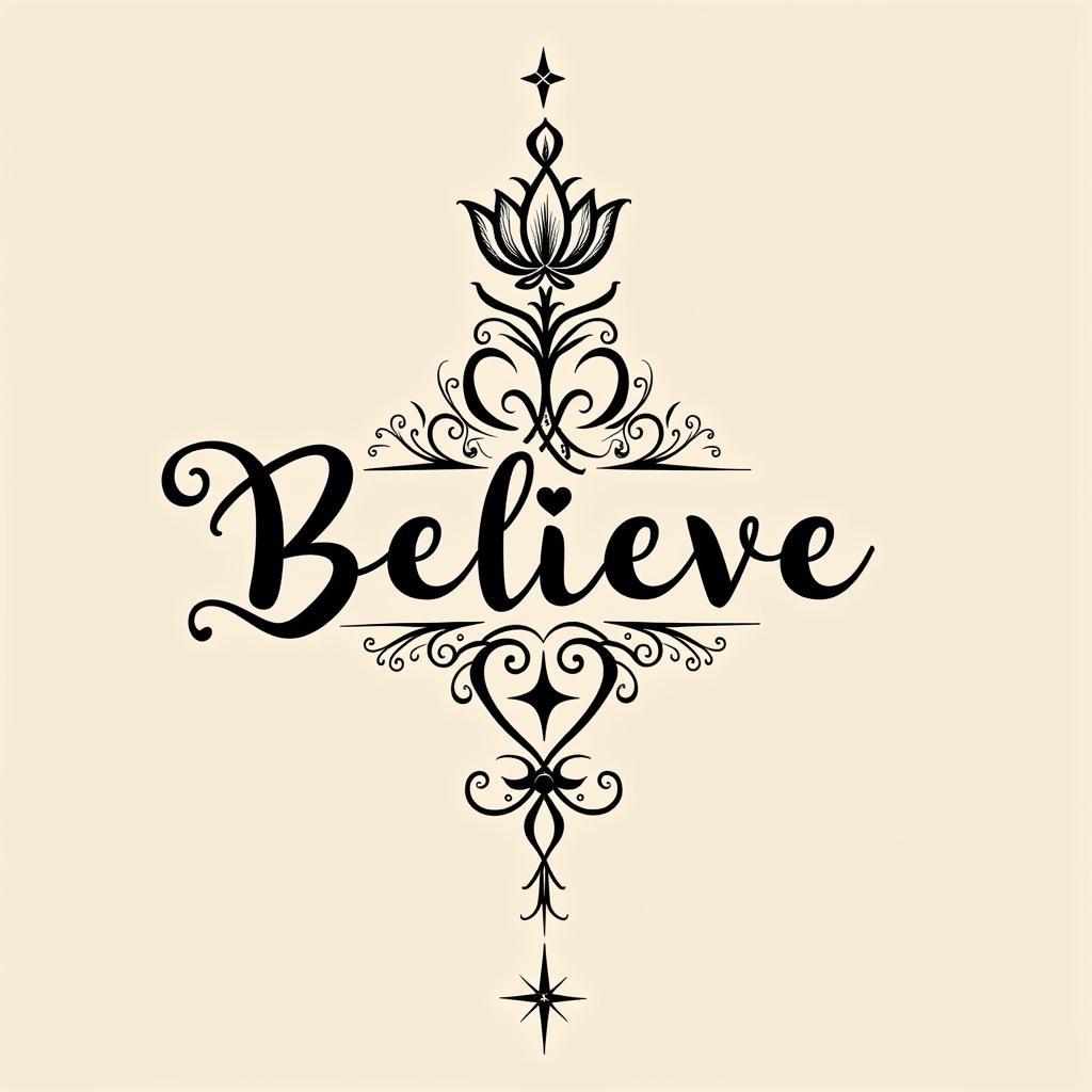 Hình xăm Believe kết hợp biểu tượng hoa sen ngôi sao
