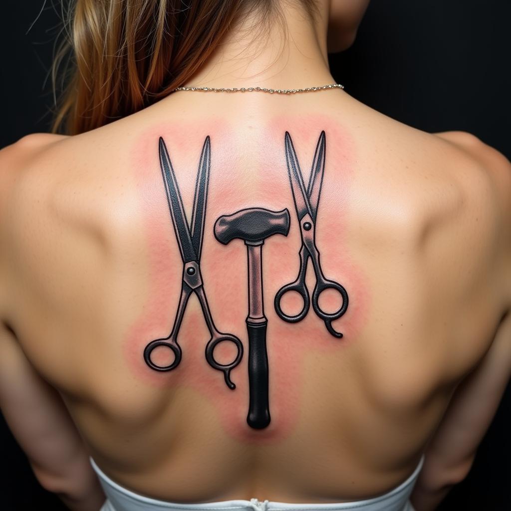 Hình xăm biểu tượng nghề nghiệp của cha mẹ như búa và kéo trên lưng