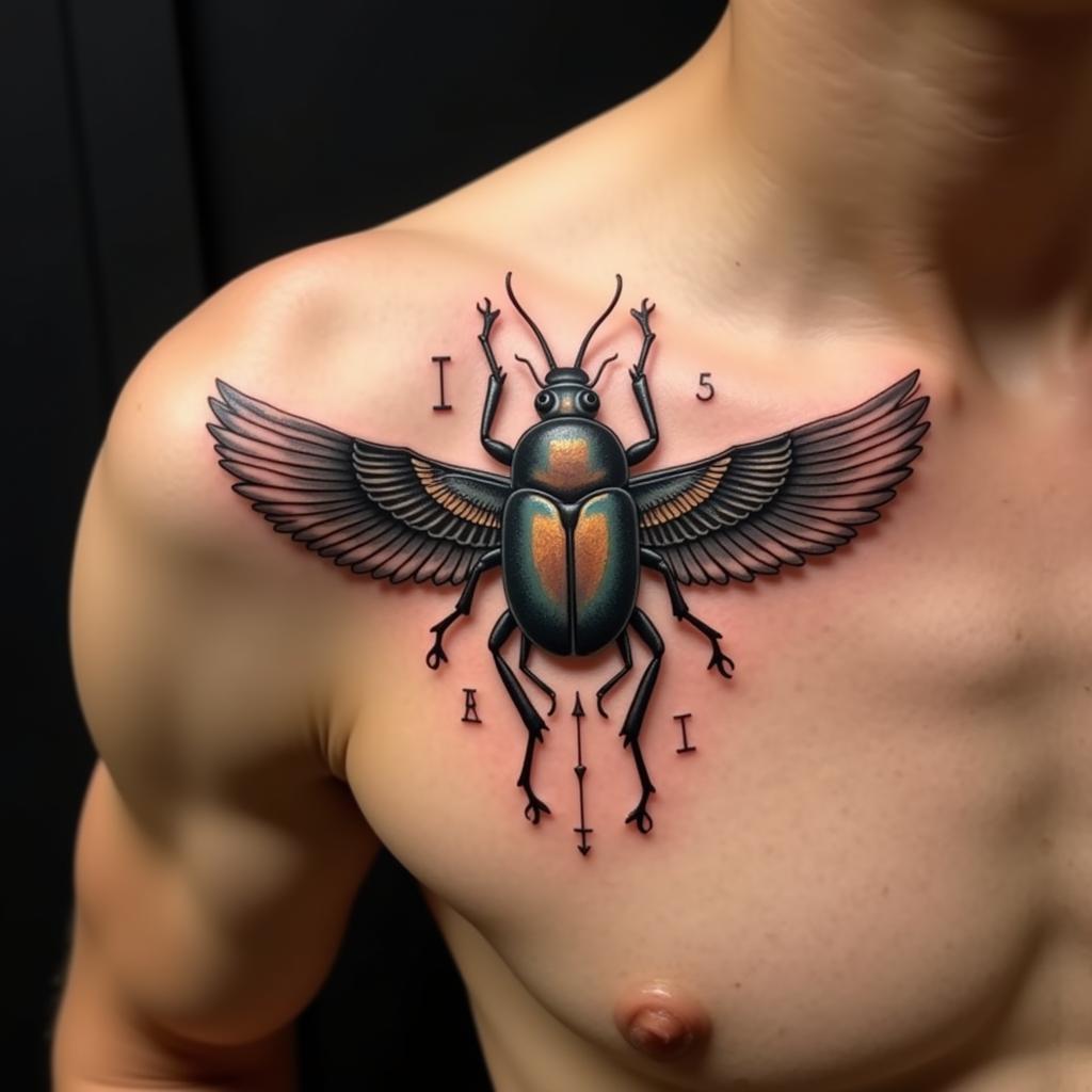 Hình xăm bọ cánh cứng Scarab phong cách Ai Cập cổ đại ở vai Hình xăm bọ cánh cứng Scarab phong cách Ai Cập cổ đại ở vai
