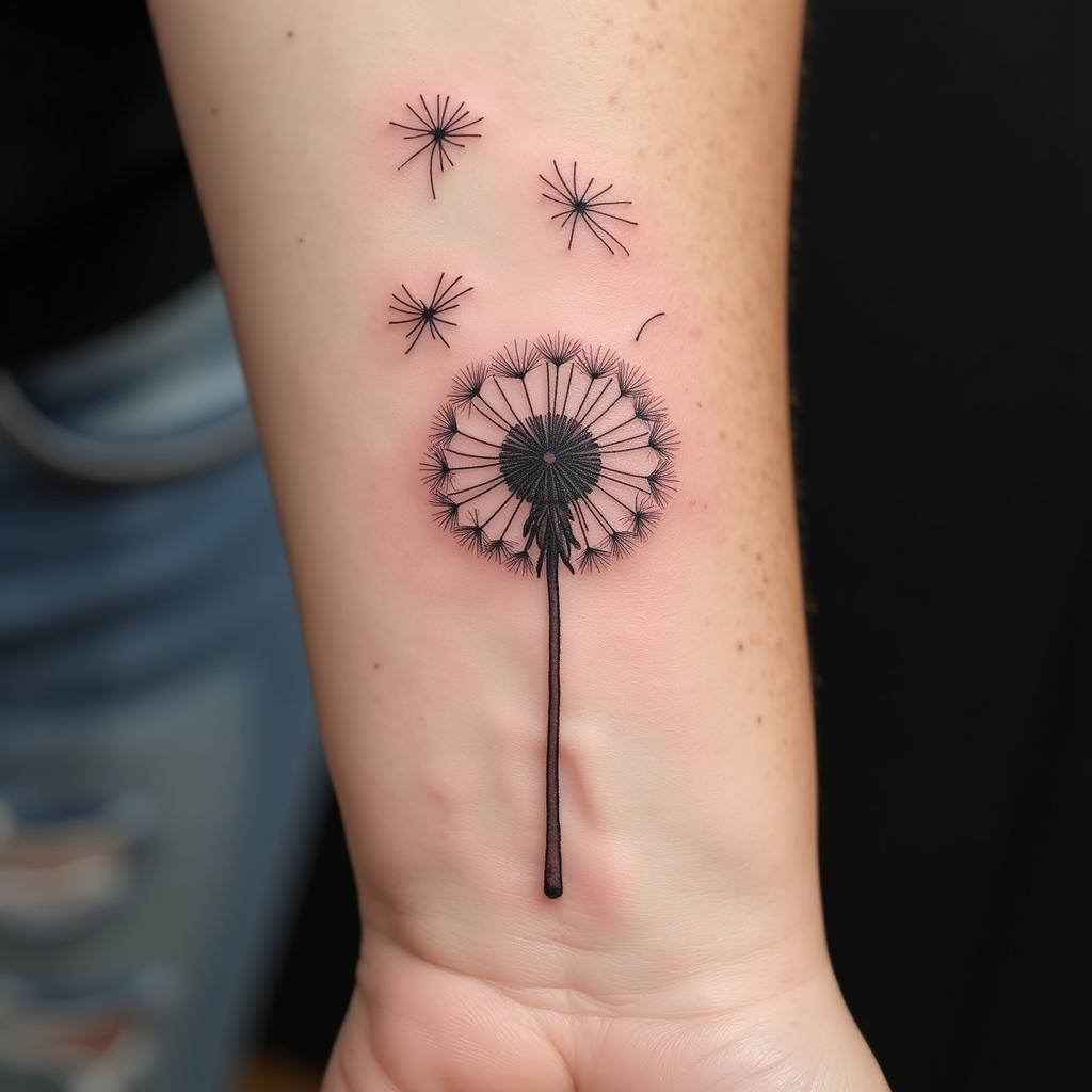 Hình xăm bồ công anh 3D nổi bật ở cổ tay, tạo hiệu ứng chiều sâu ấn tượng