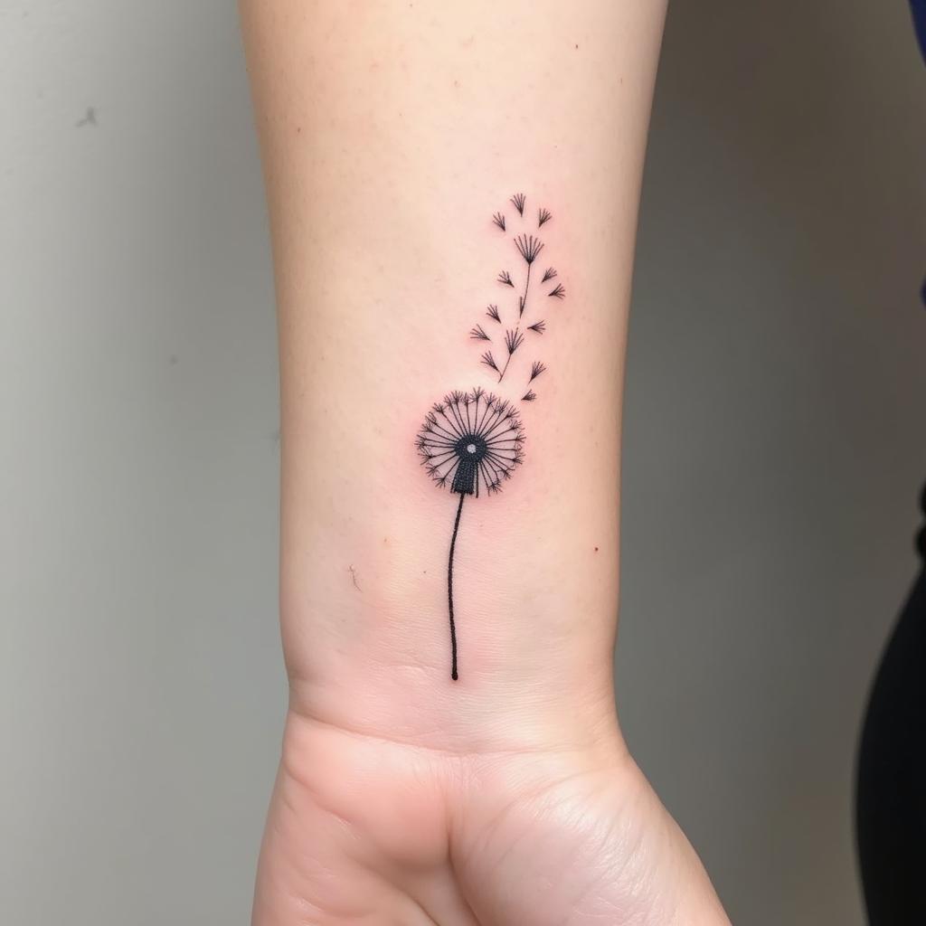 Hình xăm bồ công anh nhỏ nhắn ở cổ tay nữ, thiết kế đơn giản và tinh tế