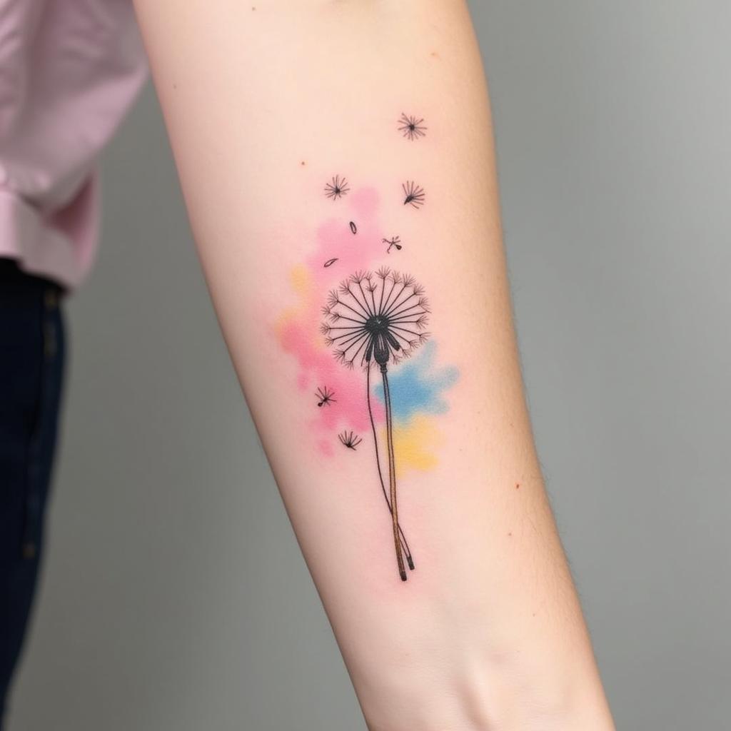 Hình xăm bồ công anh màu nước ở cổ tay với hiệu ứng loang màu nghệ thuật