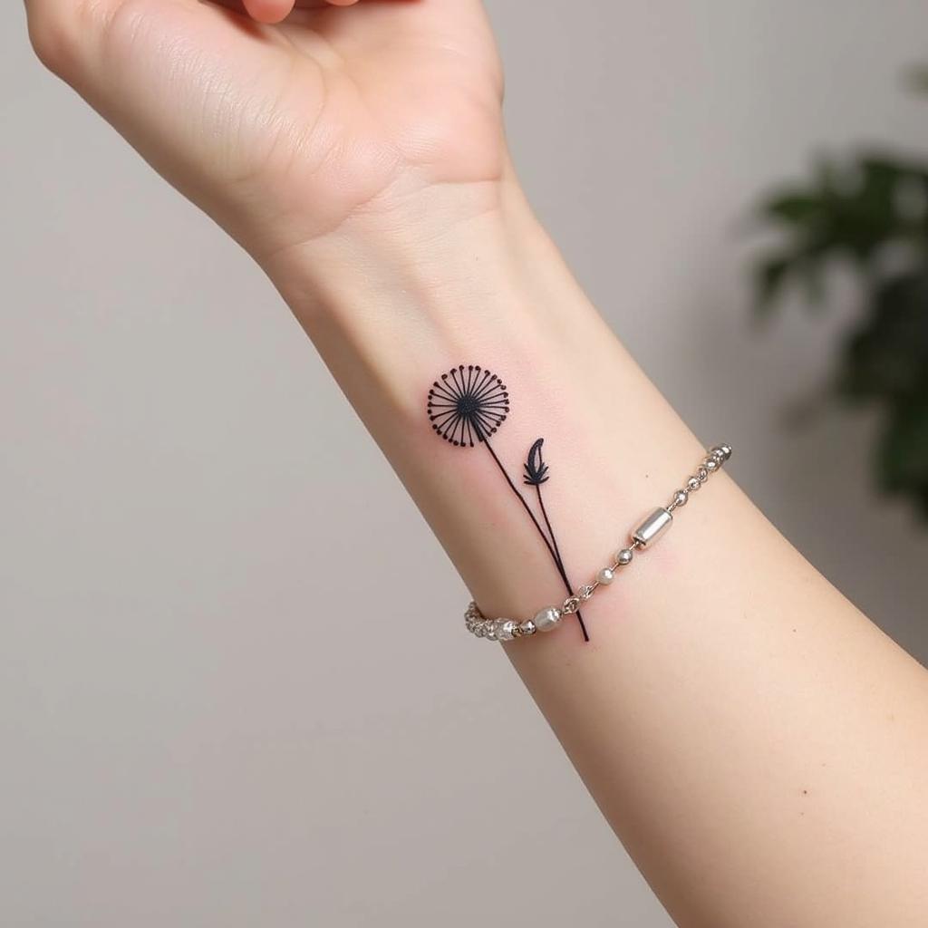 Hình xăm bồ công anh một đường nét mảnh mai ở cổ tay cho nữ