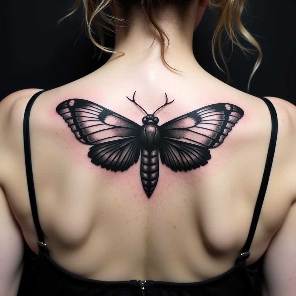 Hình xăm bướm đêm màu đen trắng với chi tiết cánh phức tạp trên lưng