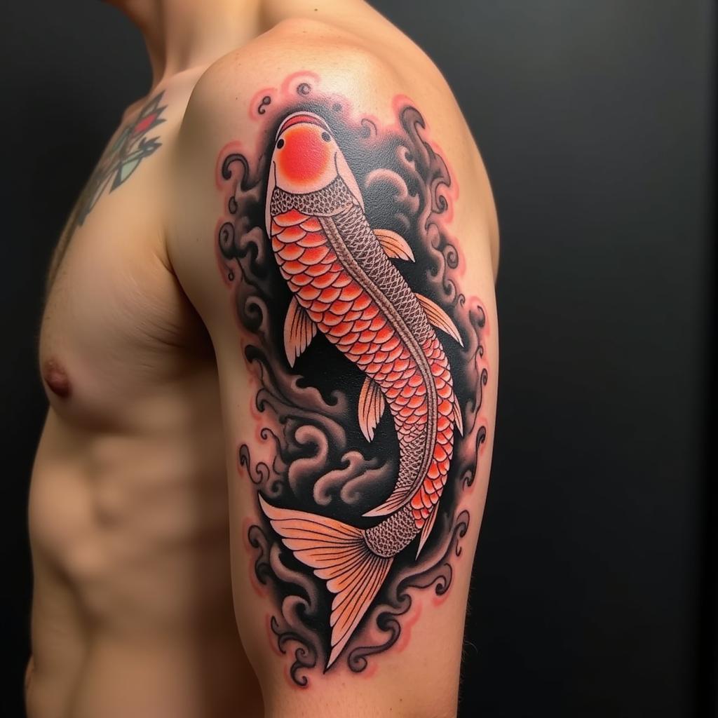 Hình xăm cá chép ở bắp tay hoặc cánh tay thể hiện sự năng động quyết đoán và tự tin