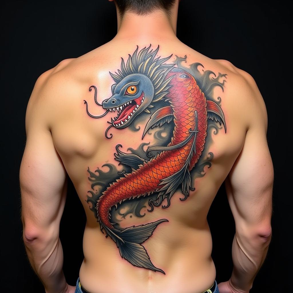 Hình xăm cá chép hóa rồng màu sắc sống động trên lưng người đàn ông, biểu tượng mạnh mẽ của thành công