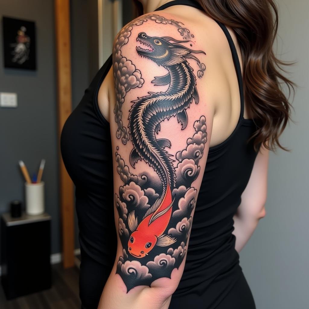 Hình xăm Nhật cổ nửa tay: Khám phá ý nghĩa, vị trí và những lưu ý quan trọng 2 hinh xam ca chep hoa rong vuot vu mon nua tay 67bf46 1