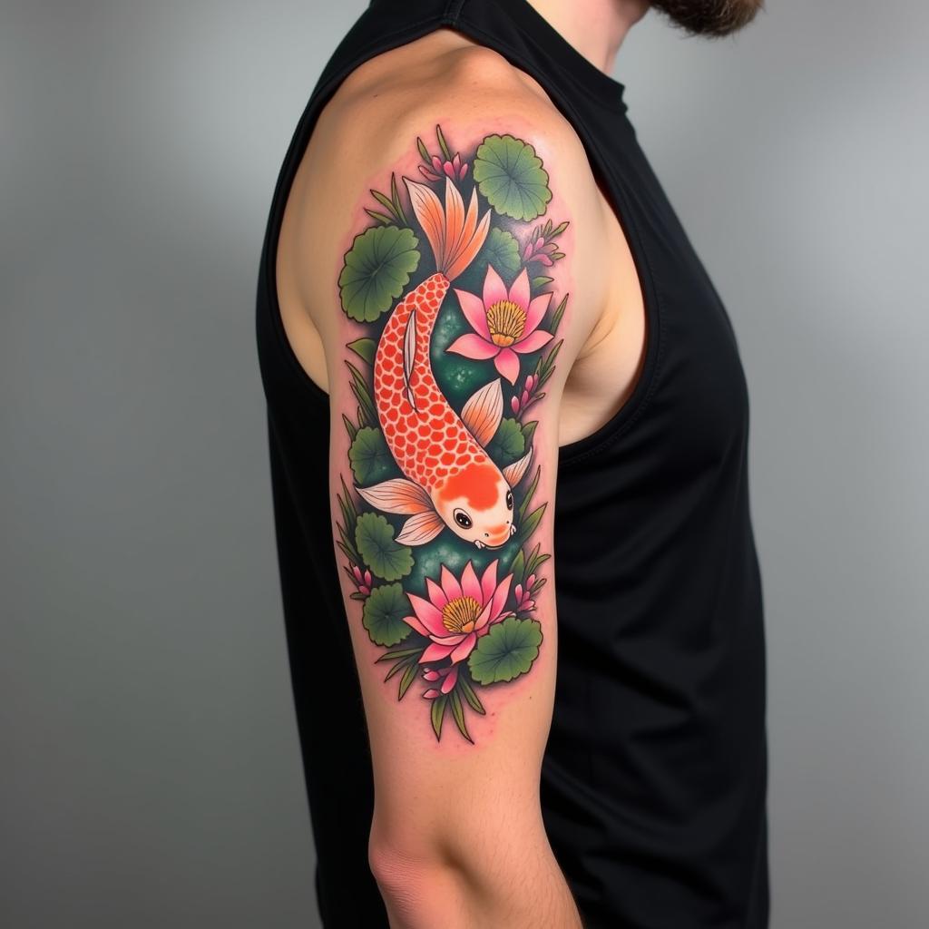 Hình xăm cá chép hoa sen bắp tay ngoài nam tính