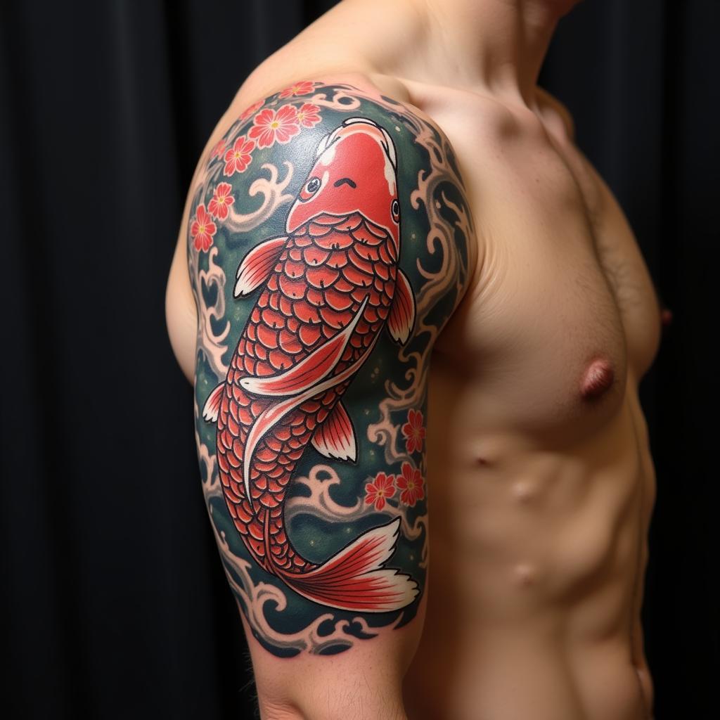 Hình xăm cá chép Koi Nhật cổ trên bắp tay tượng trưng cho sự kiên trì và thành công