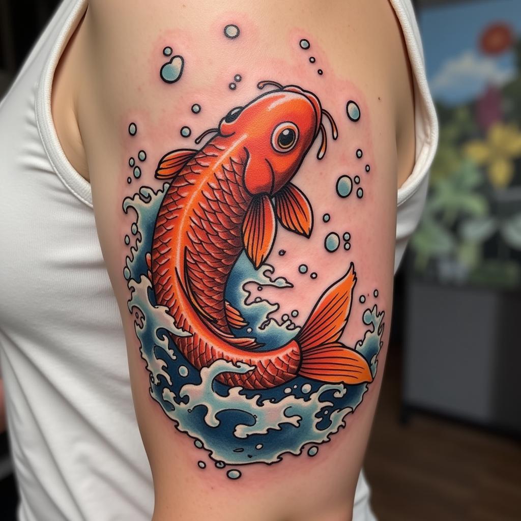 Hình xăm cá chép Koi vượt vũ môn hóa rồng biểu tượng của thành công và nghị lực