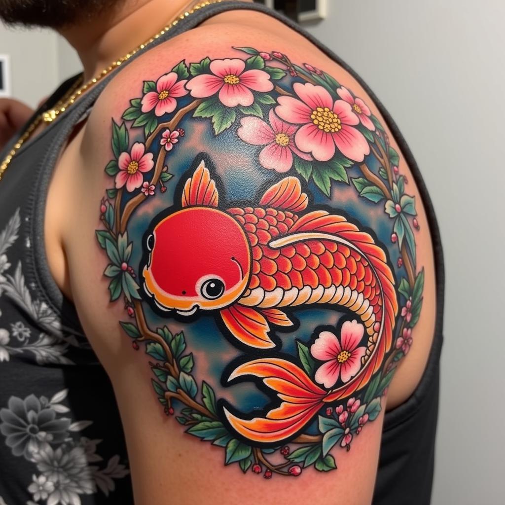 Hình xăm Irezumi cá chép và hoa anh đào với màu sắc sống động, biểu tượng cho may mắn và thanh cao