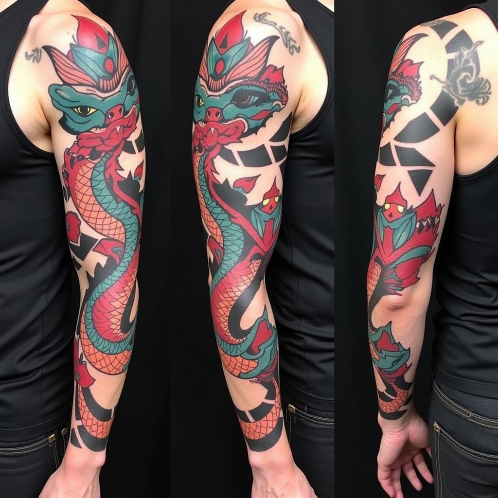 Hình xăm cá rồng full tay phong cách cách điệu phá cách Hình xăm cá rồng full tay phong cách Cách điệu trừu tượng