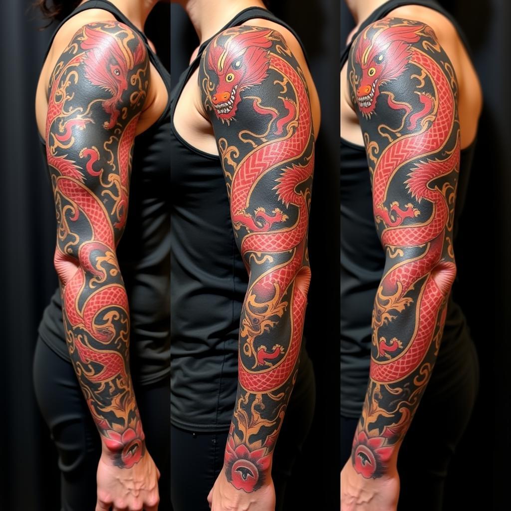 Hình xăm cá rồng full tay phong cách Châu Á tinh tế Hình xăm cá rồng full tay phong cách Châu Á
