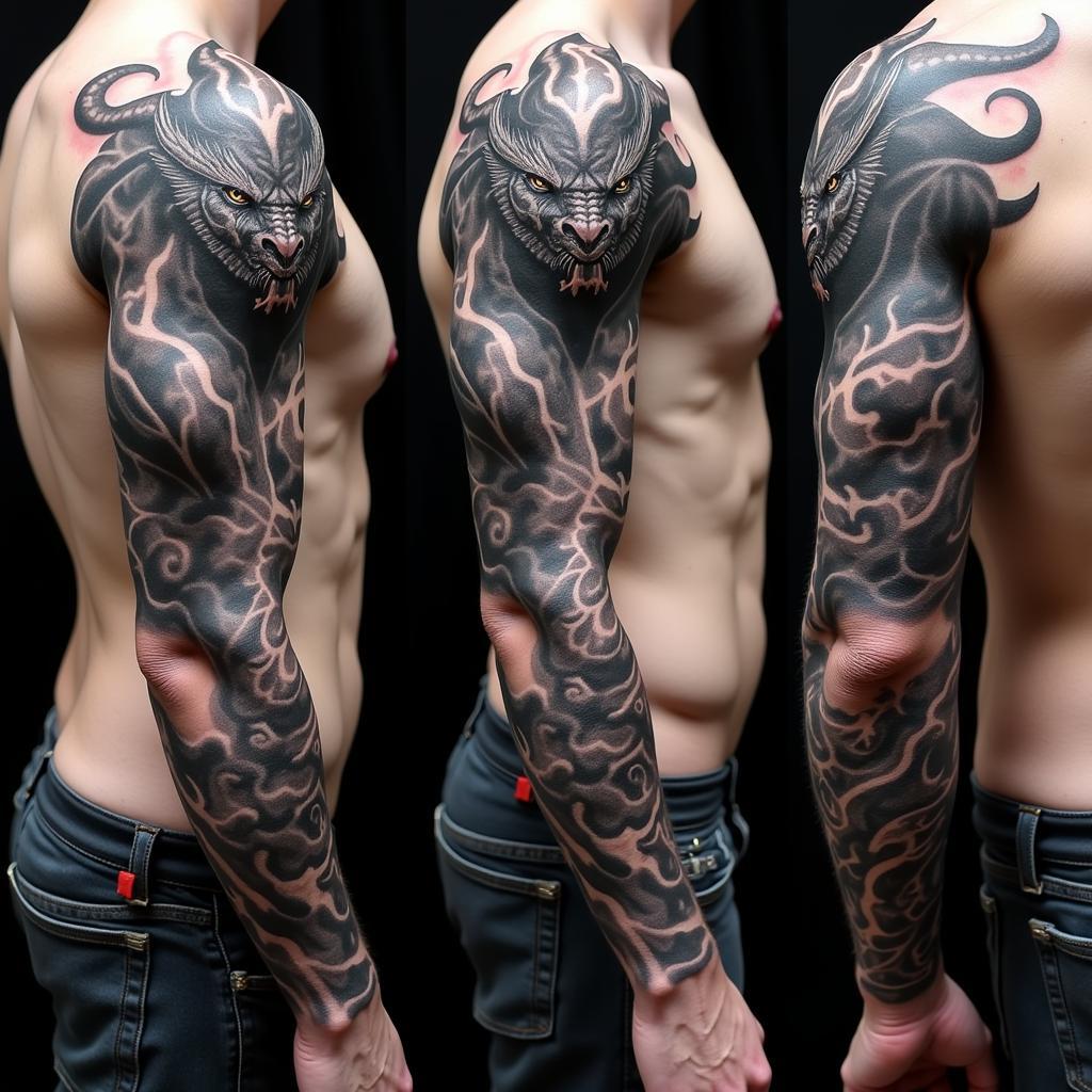 Hình xăm cá rồng full tay phong cách đen xám nam tính Hình xăm cá rồng full tay phong cách Đen xám mạnh mẽ