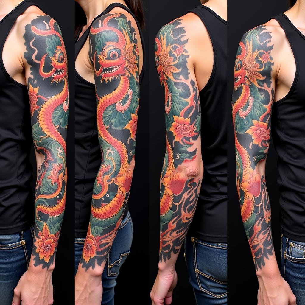 Hình xăm cá rồng full tay đẹp và ấn tượng Hình xăm cá rồng full tay ấn tượng