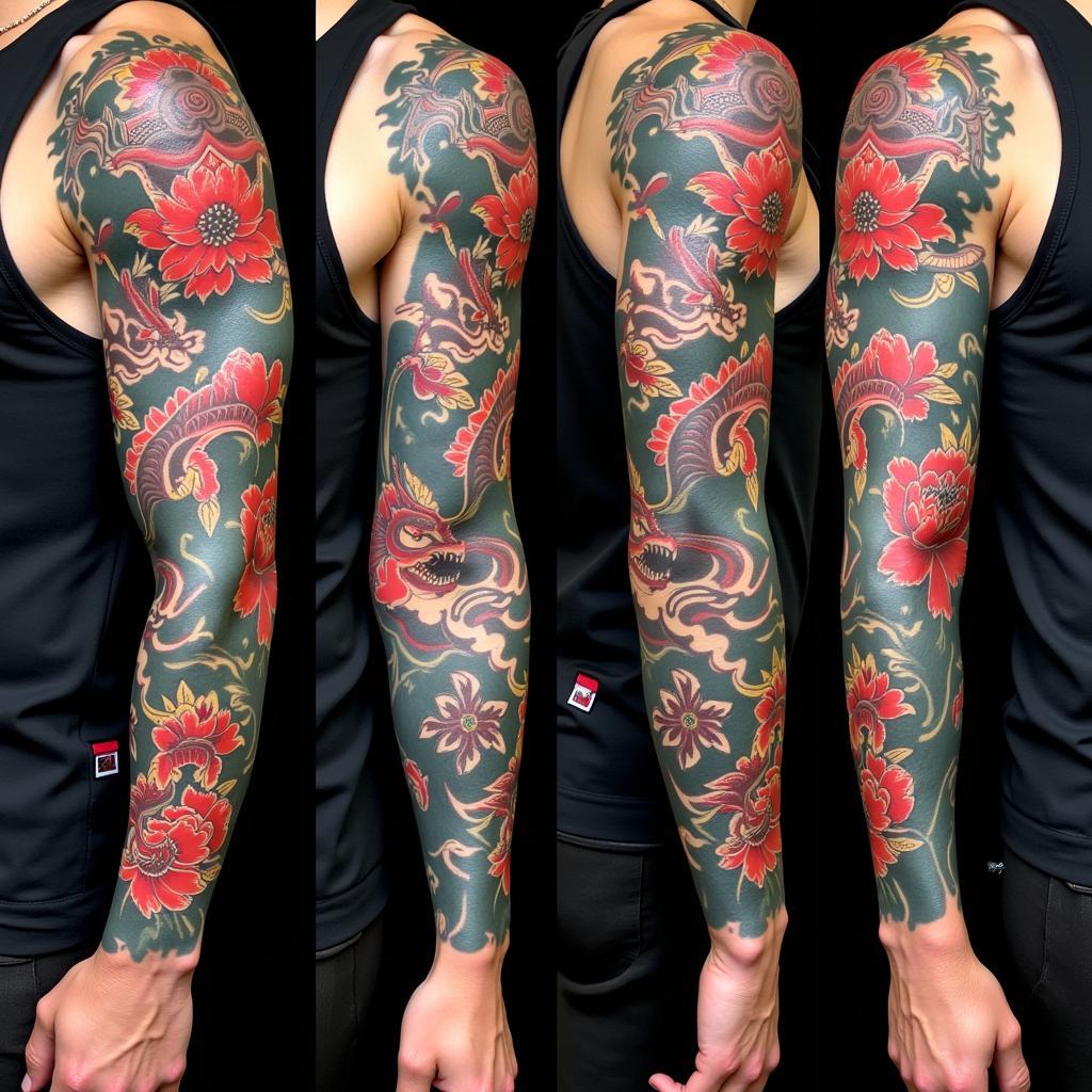 Hình xăm cá rồng full tay phong cách Nhật Bản uy nghi Hình xăm cá rồng full tay phong cách Nhật Bản Irezumi