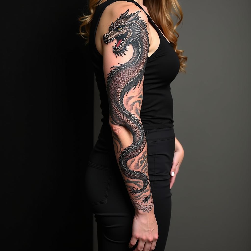 Hình xăm cá rồng full tay phong cách tả thực sống động Hình xăm cá rồng full tay phong cách Tả thực 3D