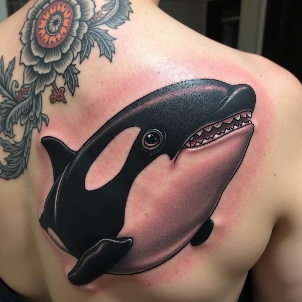 Hình xăm cá voi sát thủ phong cách hiện thực đầy ấn tượng