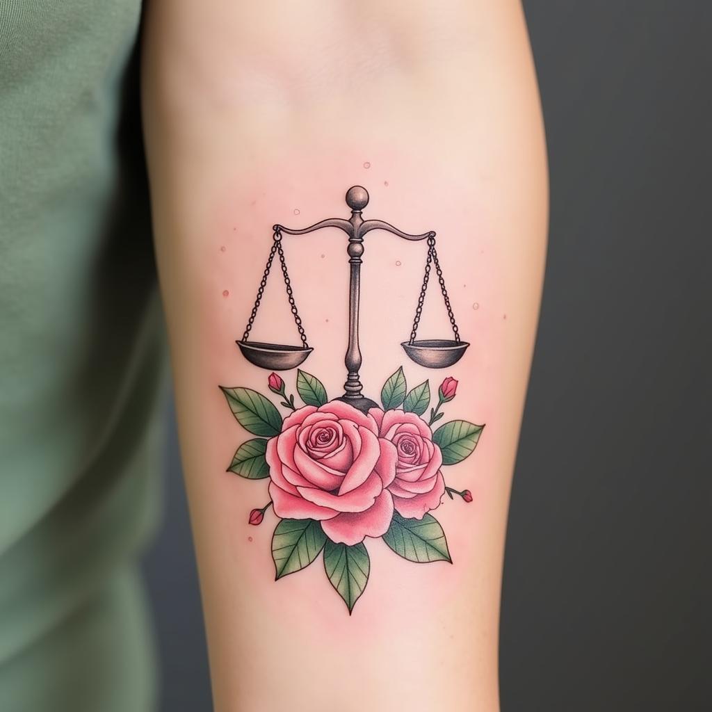 Hình xăm cán cân Thiên Bình kết hợp hoa hồng mềm mại và nữ tính trên cánh tay